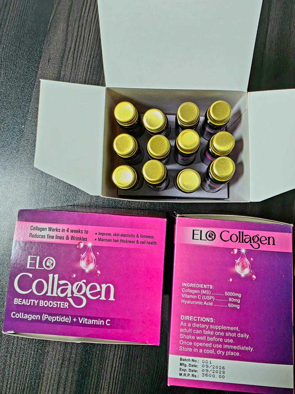 ELO Collagen Beauty Booster 5000mg Collagen Peptide | Vitamin C 80mg + Hyaluronic Acid 60mg | 12 x 30ml Liquid Collagen Shots