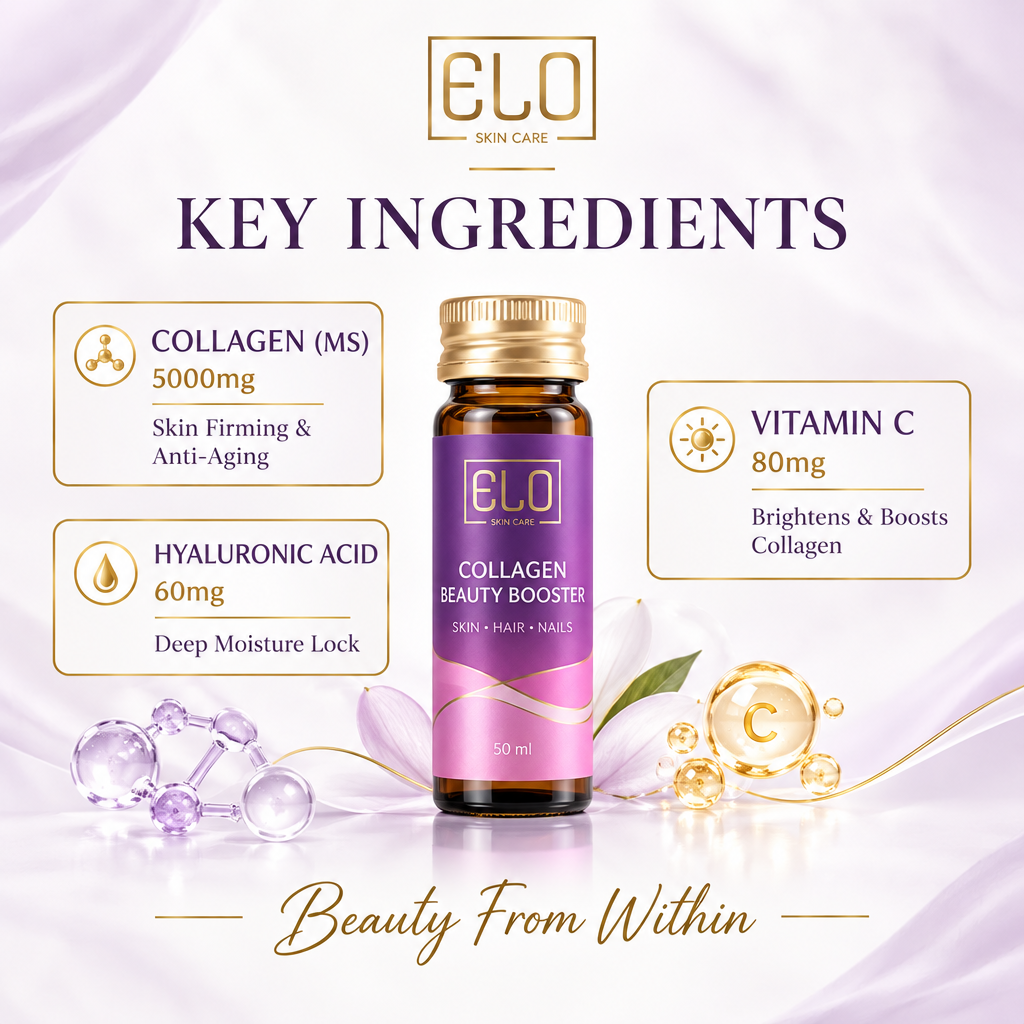 ELO Collagen Beauty Booster 5000mg Collagen Peptide | Vitamin C 80mg + Hyaluronic Acid 60mg | 12 x 30ml Liquid Collagen Shots