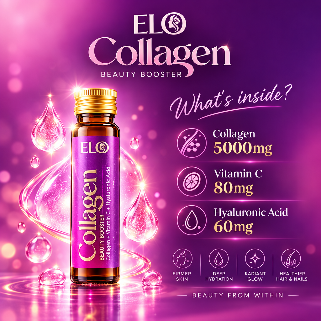ELO Collagen Beauty Booster 5000mg Collagen Peptide | Vitamin C 80mg + Hyaluronic Acid 60mg | 12 x 30ml Liquid Collagen Shots