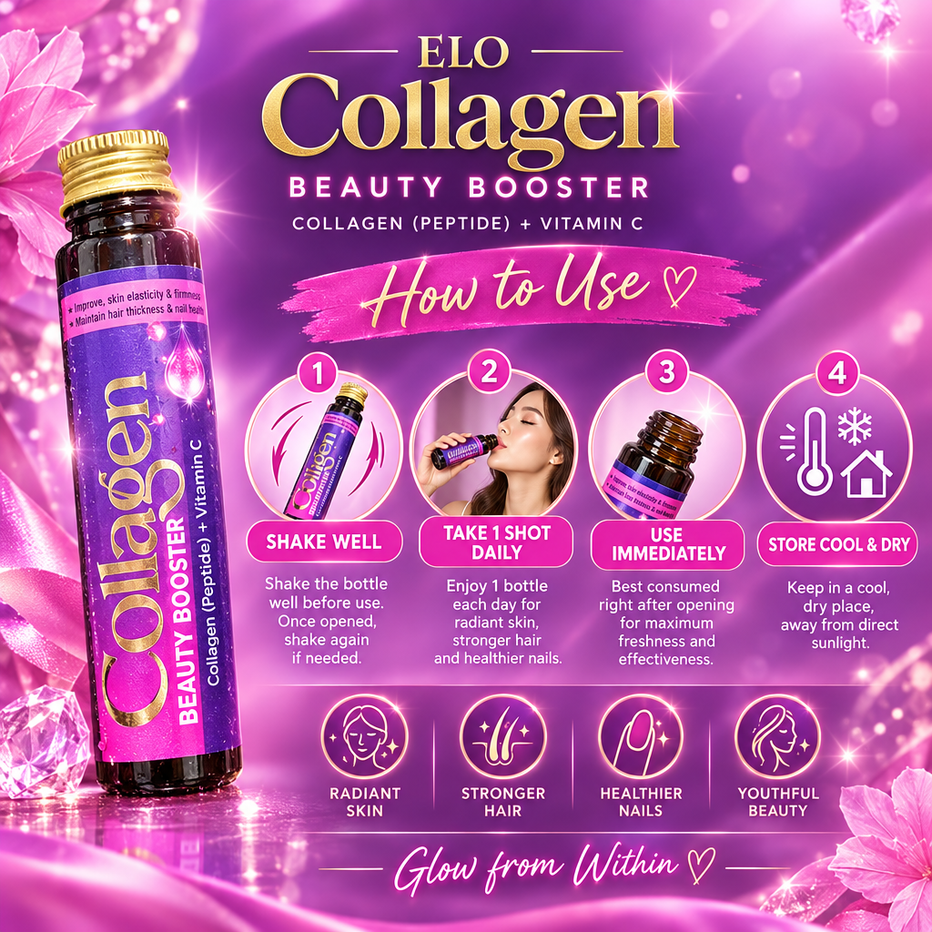 ELO Collagen Beauty Booster 5000mg Collagen Peptide | Vitamin C 80mg + Hyaluronic Acid 60mg | 12 x 30ml Liquid Collagen Shots